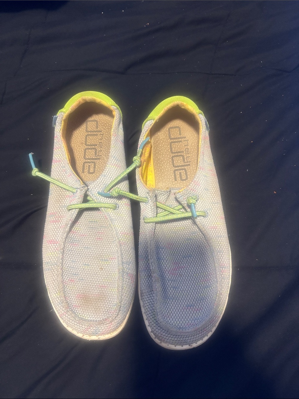 Hey Dude Pastel Speckled Knit Slip-Ons with Neon Yellow Collar